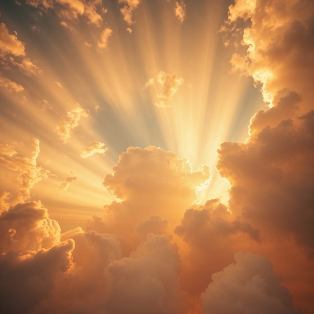 High angle perspective, warm golden glow, depicting a vibrant sky with a cloudy thunderstorm viewed from above, radiant and luxurious, elevated viewpoint